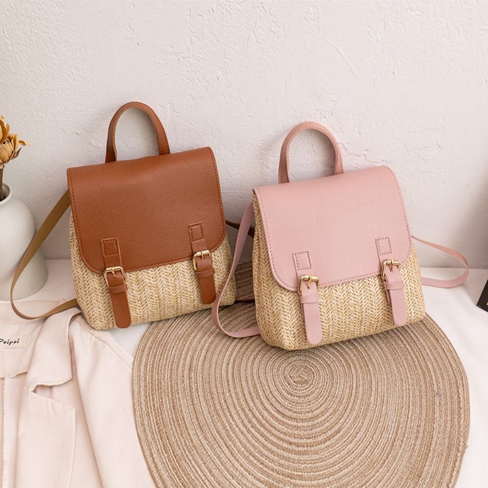Fashion PU Leather Straw Backp - Leather Backpack Vintage 评论和价格